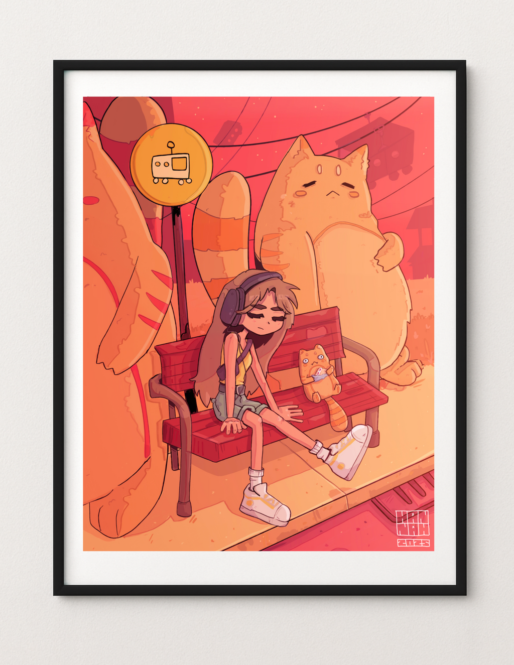 Cat Bus Stop 11"x17"- Poster With Frame