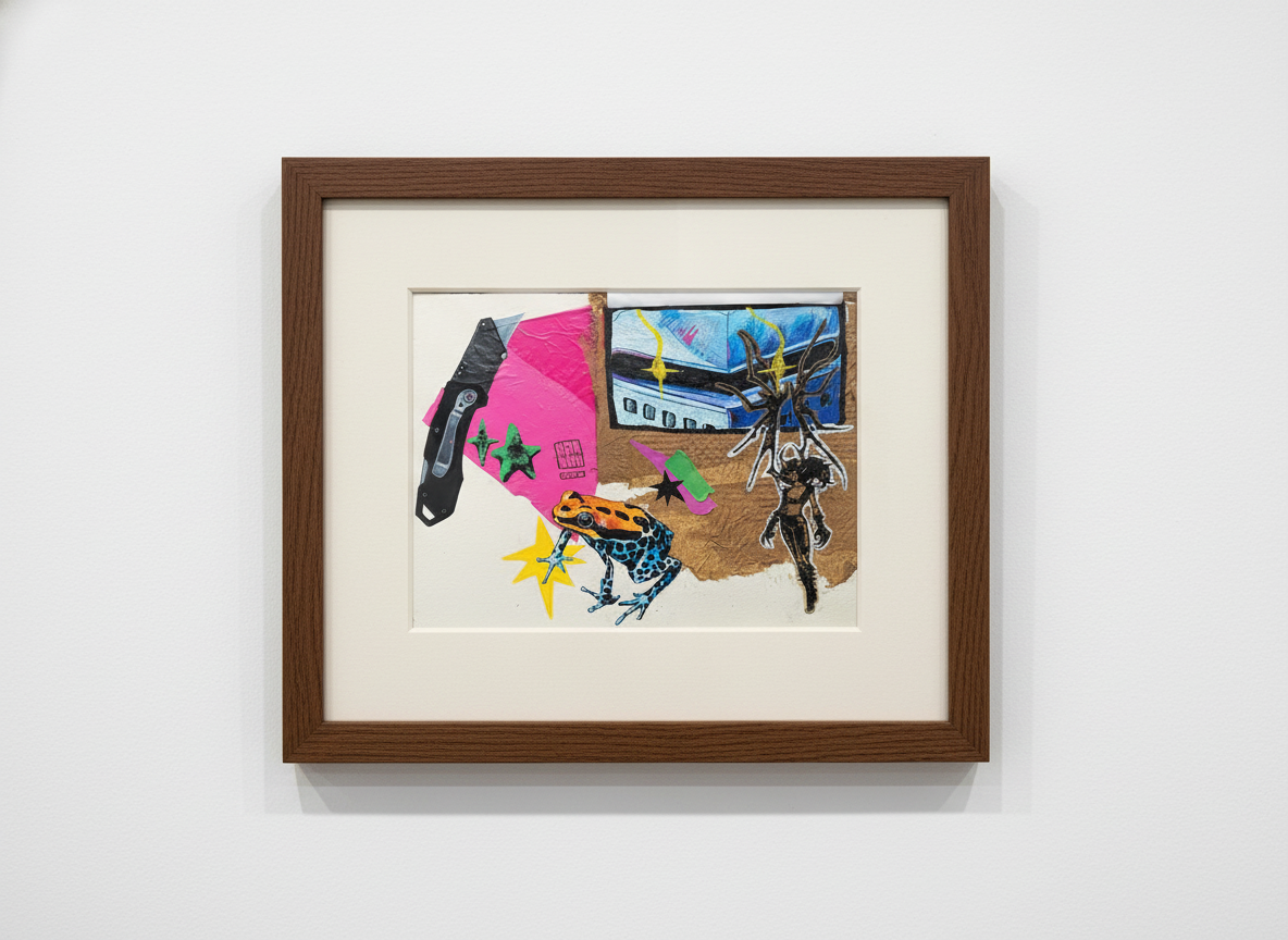 Framed Mixed Media Artwork with Boat Scene