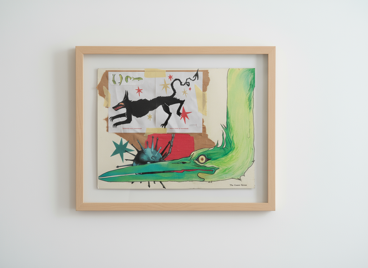 THE GREEN HERON framed artwork on bright wall